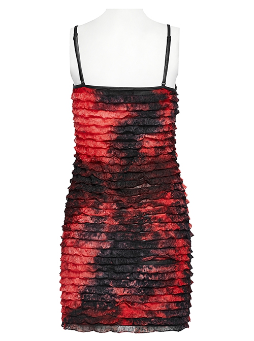 Red And Black Tie Dye Patchwork Taped Knit Front Drawstring Punk Style Hip Hugging Suspender Dress