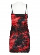 Red And Black Tie Dye Patchwork Taped Knit Front Drawstring Punk Style Hip Hugging Suspender Dress