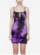 Black Purple Tie Dye Patchwork Taped Knit Front Drawstring Punk Style Hip Hugging Suspender Dress