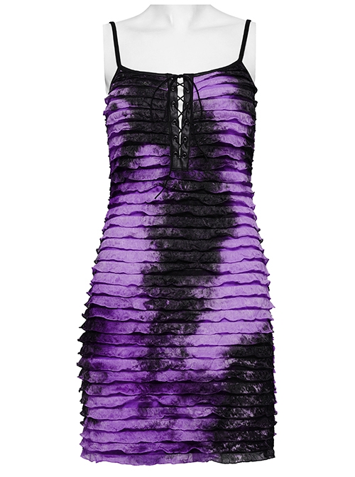 Black Purple Tie Dye Patchwork Taped Knit Front Drawstring Punk Style Hip Hugging Suspender Dress