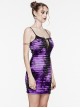 Black Purple Tie Dye Patchwork Taped Knit Front Drawstring Punk Style Hip Hugging Suspender Dress