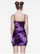 Black Purple Tie Dye Patchwork Taped Knit Front Drawstring Punk Style Hip Hugging Suspender Dress