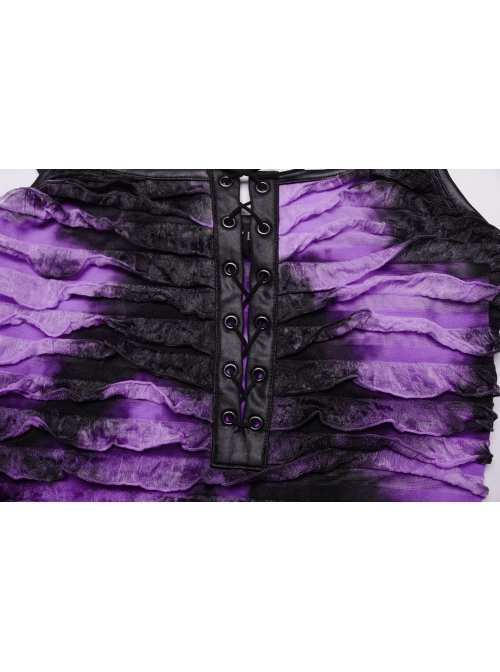 Black Purple Tie Dye Patchwork Taped Knit Front Drawstring Punk Style Hip Hugging Suspender Dress