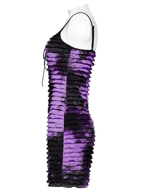 Black Purple Tie Dye Patchwork Taped Knit Front Drawstring Punk Style Hip Hugging Suspender Dress