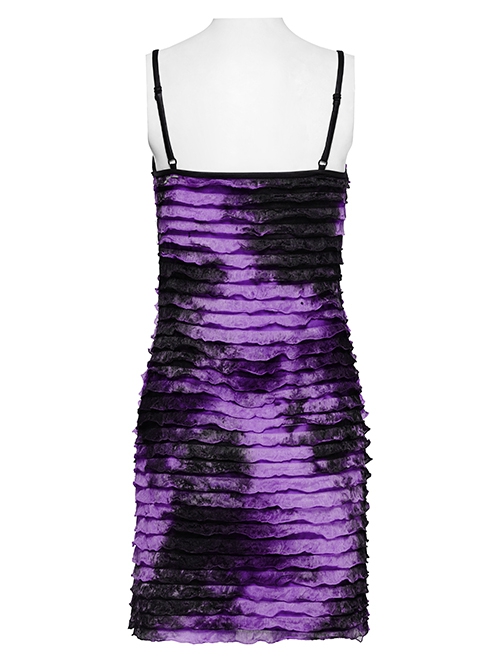 Black Purple Tie Dye Patchwork Taped Knit Front Drawstring Punk Style Hip Hugging Suspender Dress