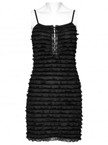 Black Pleated Tie Dye Patchwork Taped Knit Front Drawstring Punk Style Hip Hugging Slip Dress