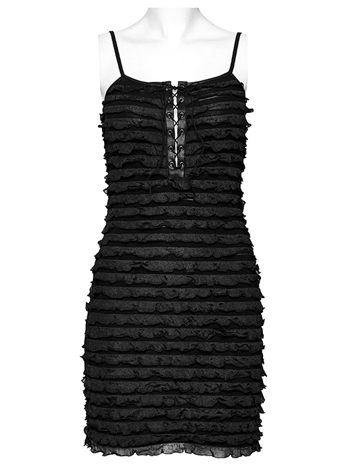 Black Pleated Tie Dye Patchwork Taped Knit Front Drawstring Punk Style Hip Hugging Slip Dress
