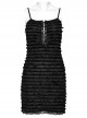 Black Pleated Tie Dye Patchwork Taped Knit Front Drawstring Punk Style Hip Hugging Slip Dress
