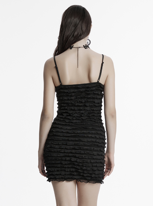Black Pleated Tie Dye Patchwork Taped Knit Front Drawstring Punk Style Hip Hugging Slip Dress