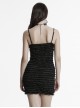 Black Pleated Tie Dye Patchwork Taped Knit Front Drawstring Punk Style Hip Hugging Slip Dress