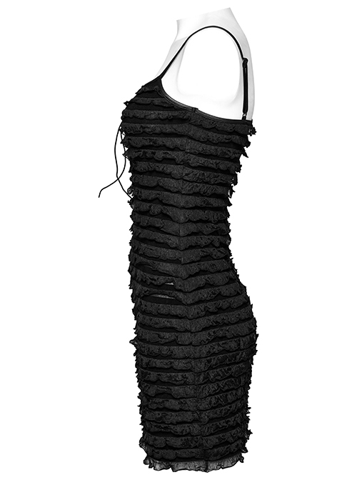 Black Pleated Tie Dye Patchwork Taped Knit Front Drawstring Punk Style Hip Hugging Slip Dress