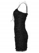 Black Pleated Tie Dye Patchwork Taped Knit Front Drawstring Punk Style Hip Hugging Slip Dress
