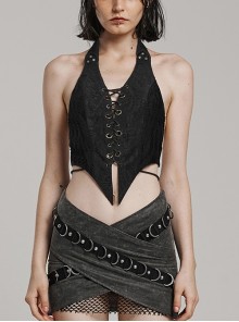 Sexy Halter Neck Backless Front Panel Tie With Pointed Hem Punk Style Personalized Vest