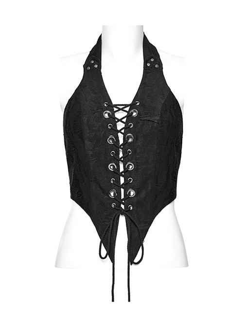 Sexy Halter Neck Backless Front Panel Tie With Pointed Hem Punk Style Personalized Vest