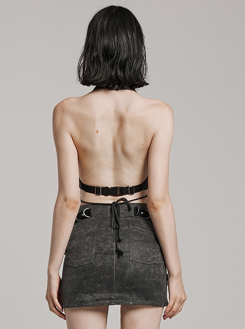 Sexy Halter Neck Backless Front Panel Tie With Pointed Hem Punk Style Personalized Vest