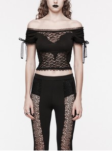 Sexy One Line Collar Black Knitted With Lace Side String Gothic Short Sleeved T-Shirt