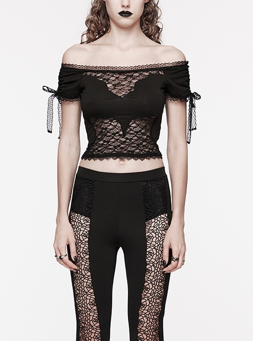 Sexy One Line Collar Black Knitted With Lace Side String Gothic Short Sleeved T-Shirt