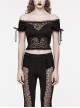 Sexy One Line Collar Black Knitted With Lace Side String Gothic Short Sleeved T-Shirt