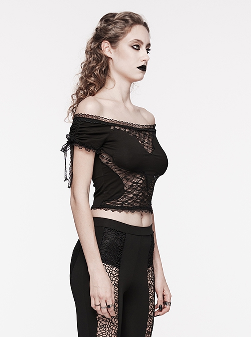 Sexy One Line Collar Black Knitted With Lace Side String Gothic Short Sleeved T-Shirt