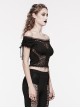 Sexy One Line Collar Black Knitted With Lace Side String Gothic Short Sleeved T-Shirt