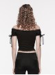 Sexy One Line Collar Black Knitted With Lace Side String Gothic Short Sleeved T-Shirt