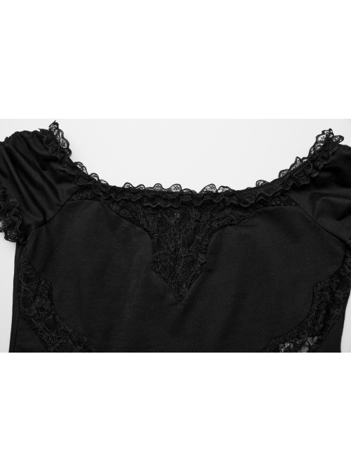 Sexy One Line Collar Black Knitted With Lace Side String Gothic Short Sleeved T-Shirt