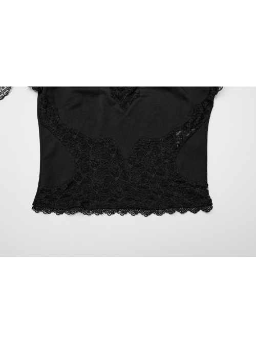 Sexy One Line Collar Black Knitted With Lace Side String Gothic Short Sleeved T-Shirt