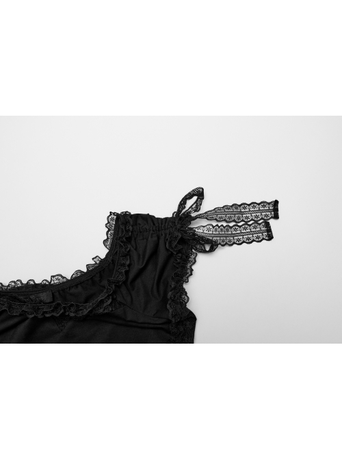 Sexy One Line Collar Black Knitted With Lace Side String Gothic Short Sleeved T-Shirt