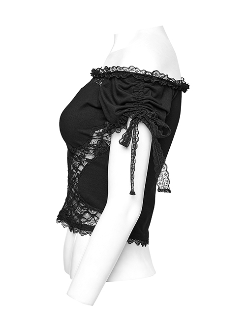 Sexy One Line Collar Black Knitted With Lace Side String Gothic Short Sleeved T-Shirt