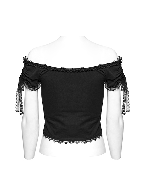 Sexy One Line Collar Black Knitted With Lace Side String Gothic Short Sleeved T-Shirt