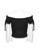 Sexy One Line Collar Black Knitted With Lace Side String Gothic Short Sleeved T-Shirt