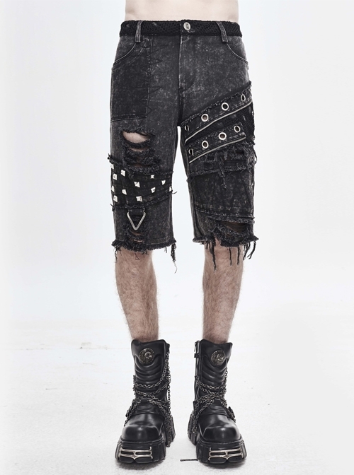 Broken Holes Rivet Mesh Zipper Rough Selvedge Gray Punk Middle Pants