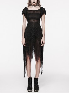 Lightweight And Slightly Sheer Black Lace Mesh Tiered Pointed Hem Gothic Short Sleeved Dress
