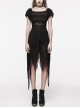Lightweight And Slightly Sheer Black Lace Mesh Tiered Pointed Hem Gothic Short Sleeved Dress