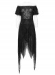 Lightweight And Slightly Sheer Black Lace Mesh Tiered Pointed Hem Gothic Short Sleeved Dress