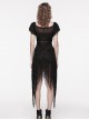 Lightweight And Slightly Sheer Black Lace Mesh Tiered Pointed Hem Gothic Short Sleeved Dress