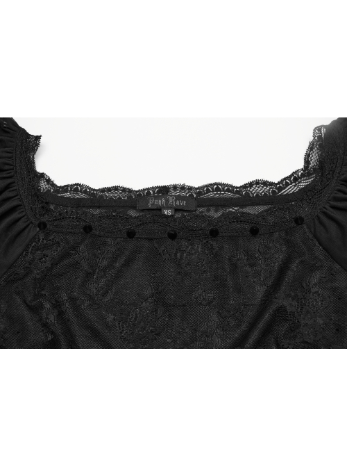 Lightweight And Slightly Sheer Black Lace Mesh Tiered Pointed Hem Gothic Short Sleeved Dress