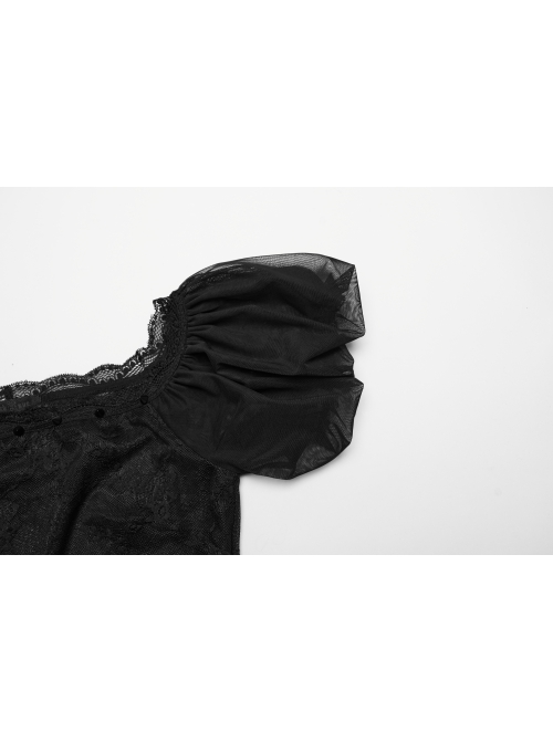 Lightweight And Slightly Sheer Black Lace Mesh Tiered Pointed Hem Gothic Short Sleeved Dress