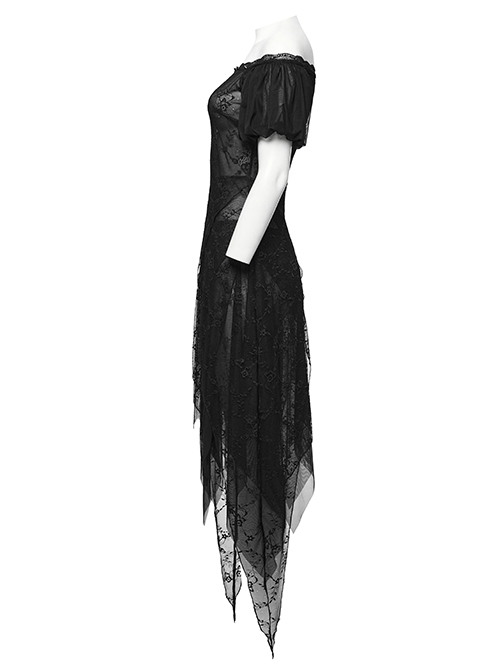 Lightweight And Slightly Sheer Black Lace Mesh Tiered Pointed Hem Gothic Short Sleeved Dress