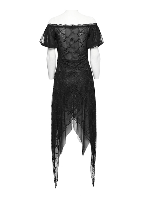 Lightweight And Slightly Sheer Black Lace Mesh Tiered Pointed Hem Gothic Short Sleeved Dress