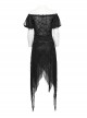 Lightweight And Slightly Sheer Black Lace Mesh Tiered Pointed Hem Gothic Short Sleeved Dress