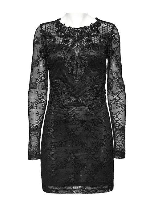 Black Lace Appliqué Embroidery And Stretch Knit Fabric Gothic Style Long Sleeved Slightly See Through Dress