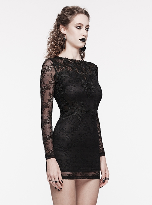 Black Lace Appliqué Embroidery And Stretch Knit Fabric Gothic Style Long Sleeved Slightly See Through Dress