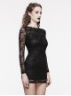 Black Lace Appliqué Embroidery And Stretch Knit Fabric Gothic Style Long Sleeved Slightly See Through Dress