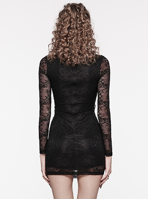 Black Lace Appliqué Embroidery And Stretch Knit Fabric Gothic Style Long Sleeved Slightly See Through Dress