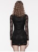 Black Lace Appliqué Embroidery And Stretch Knit Fabric Gothic Style Long Sleeved Slightly See Through Dress