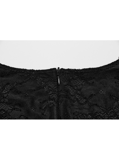 Black Lace Appliqué Embroidery And Stretch Knit Fabric Gothic Style Long Sleeved Slightly See Through Dress