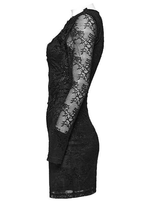 Black Lace Appliqué Embroidery And Stretch Knit Fabric Gothic Style Long Sleeved Slightly See Through Dress