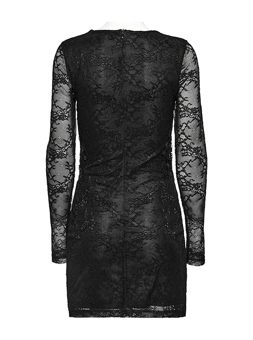 Black Lace Appliqué Embroidery And Stretch Knit Fabric Gothic Style Long Sleeved Slightly See Through Dress