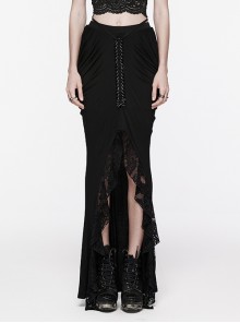 Personalized Slim Fit Black Stretch Knit Patchwork Lace Side Pleated Gothic Skirt
